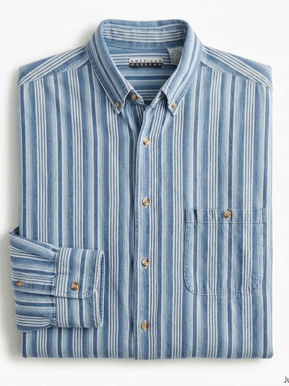 Vintage American Weekend Blue Striped Button Up Shirt 100% Cotton Sz L